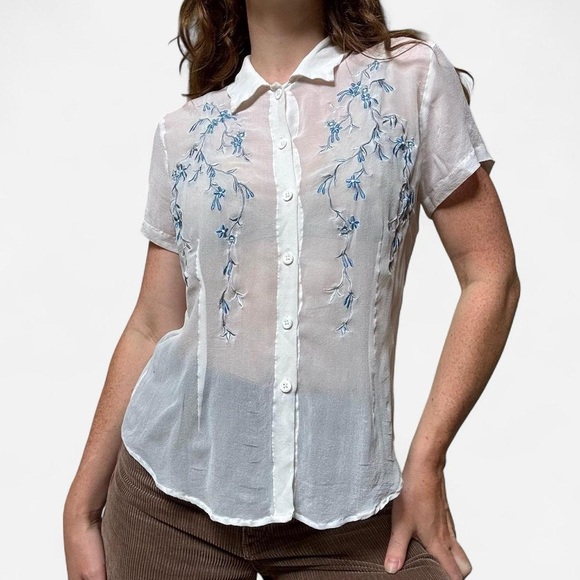 Karen Kane Vintage silk chiffon sheer button up blouse with embroidery - Picture 1 of 8